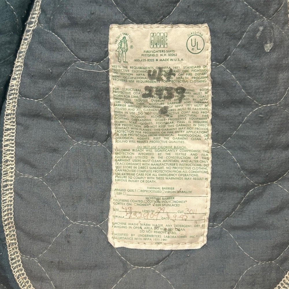 Vintage 1992 Globe Firefighter Turnout Jacket Tan Nomex Reflective Size 42 9-92 - Picture 6 of 7